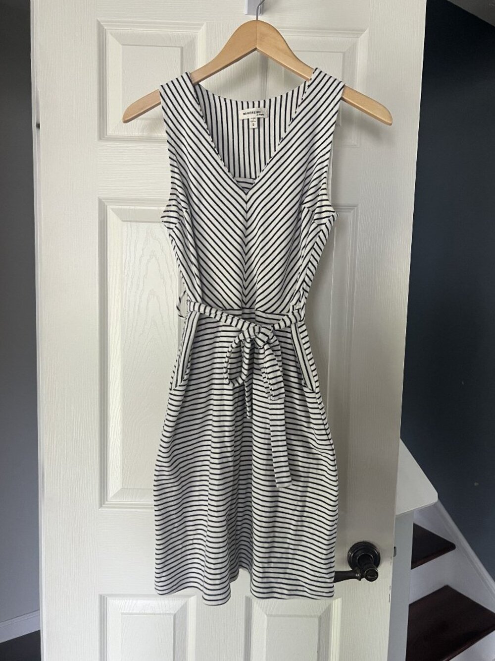 Monteau Black and White Striped Sleeveless Tie-Waist Mini Dress